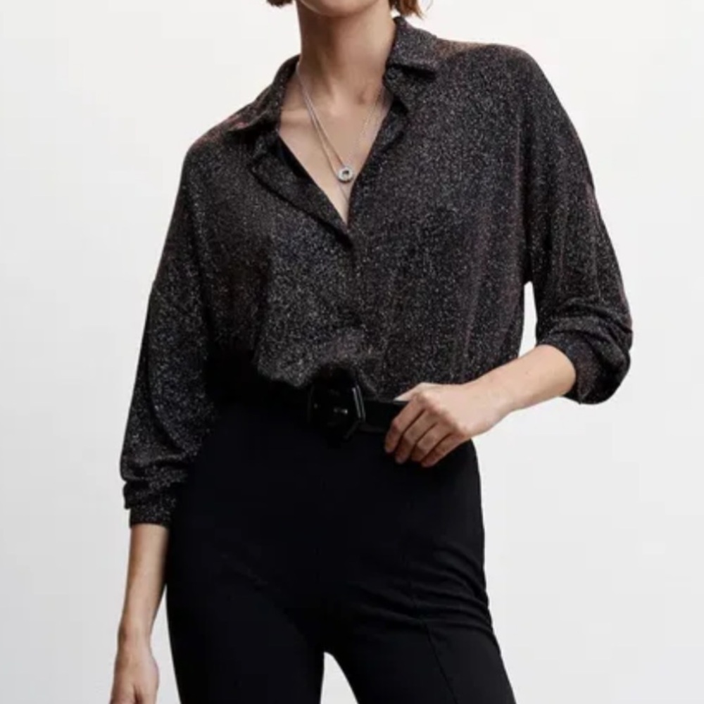 Mango MNG Metallic Thread Blouse Size 2 Button Closure Dress Shirt Style‎ Collar